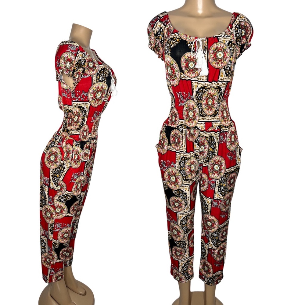 NWT Size S and M Red Floral Off Shoulder Women Jumpsuit with Pockets Relax Fit